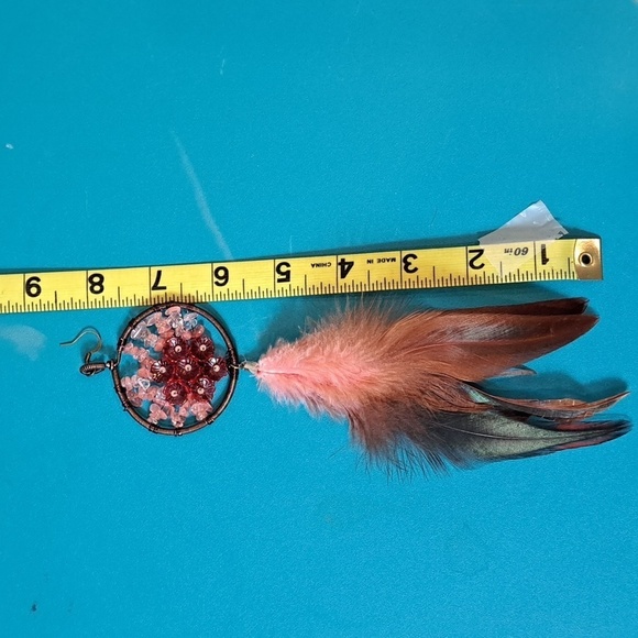 Handcrafted Pink Feathered and Beaded Pierced Hook Earrings - Picture 6 of 6